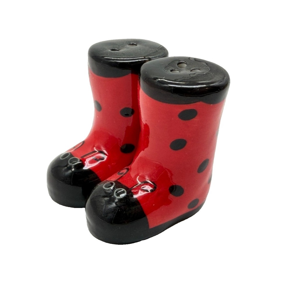 Ceramic Red & Black Polka Dot Rain Boot Salt & Pepper Shakers Ladybug Wellies
